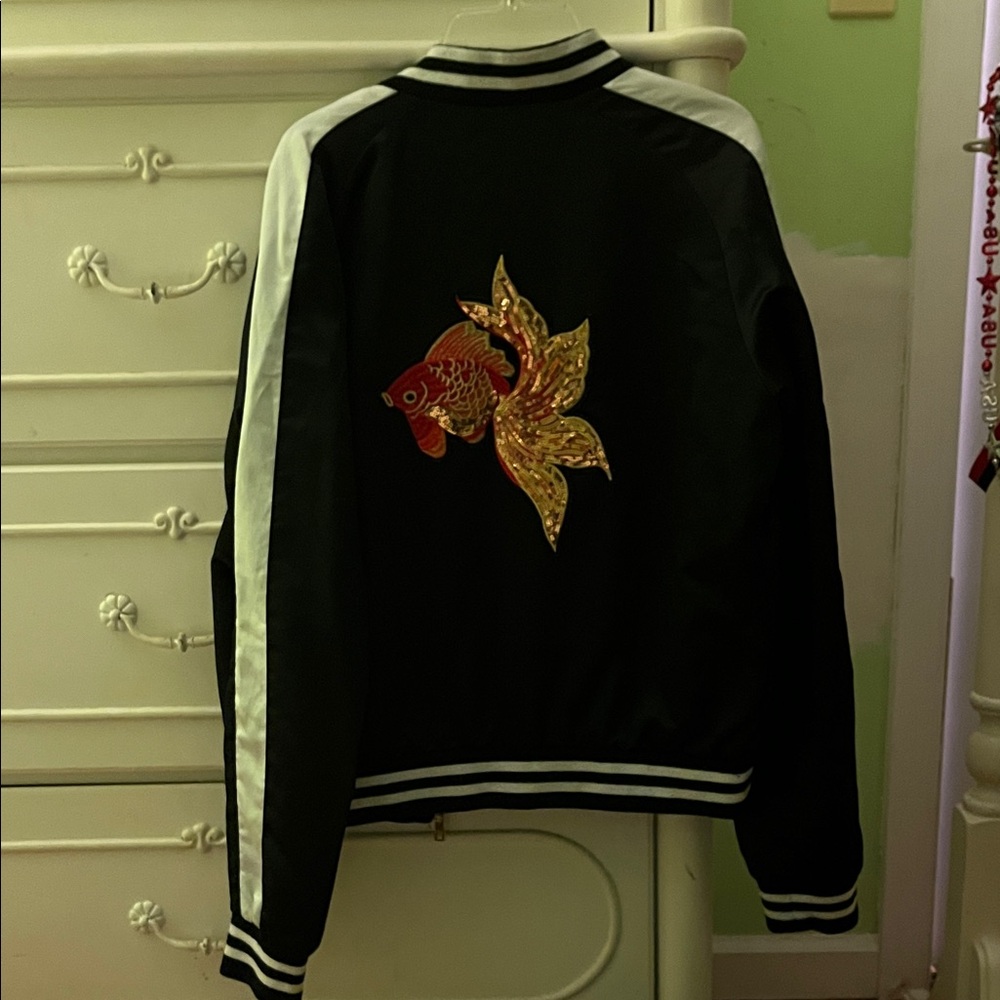 Black and White Bomber Jacket with Goldfish Embroidery